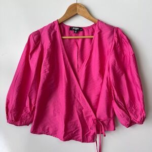 Missguided Petite Wrap Blouse Puff Sleeve Tie Hot‎ Pink US 4